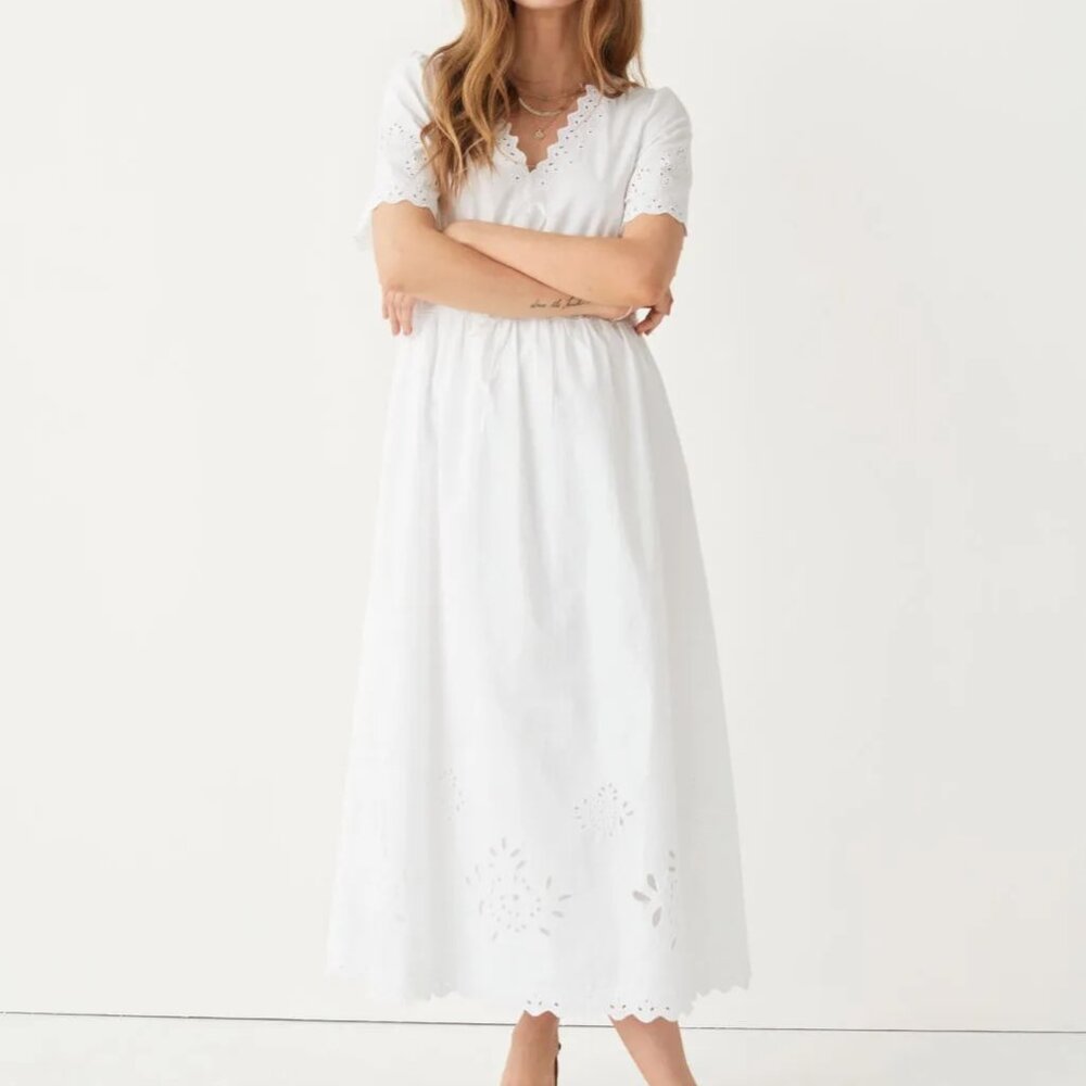 & Other Stories White Scalloped Embroidered Midi Dress Size 6